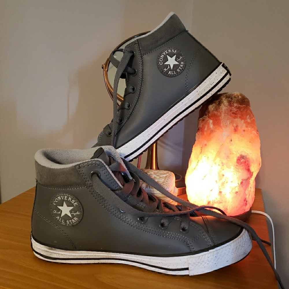 Gray leather All Star Converse high tops